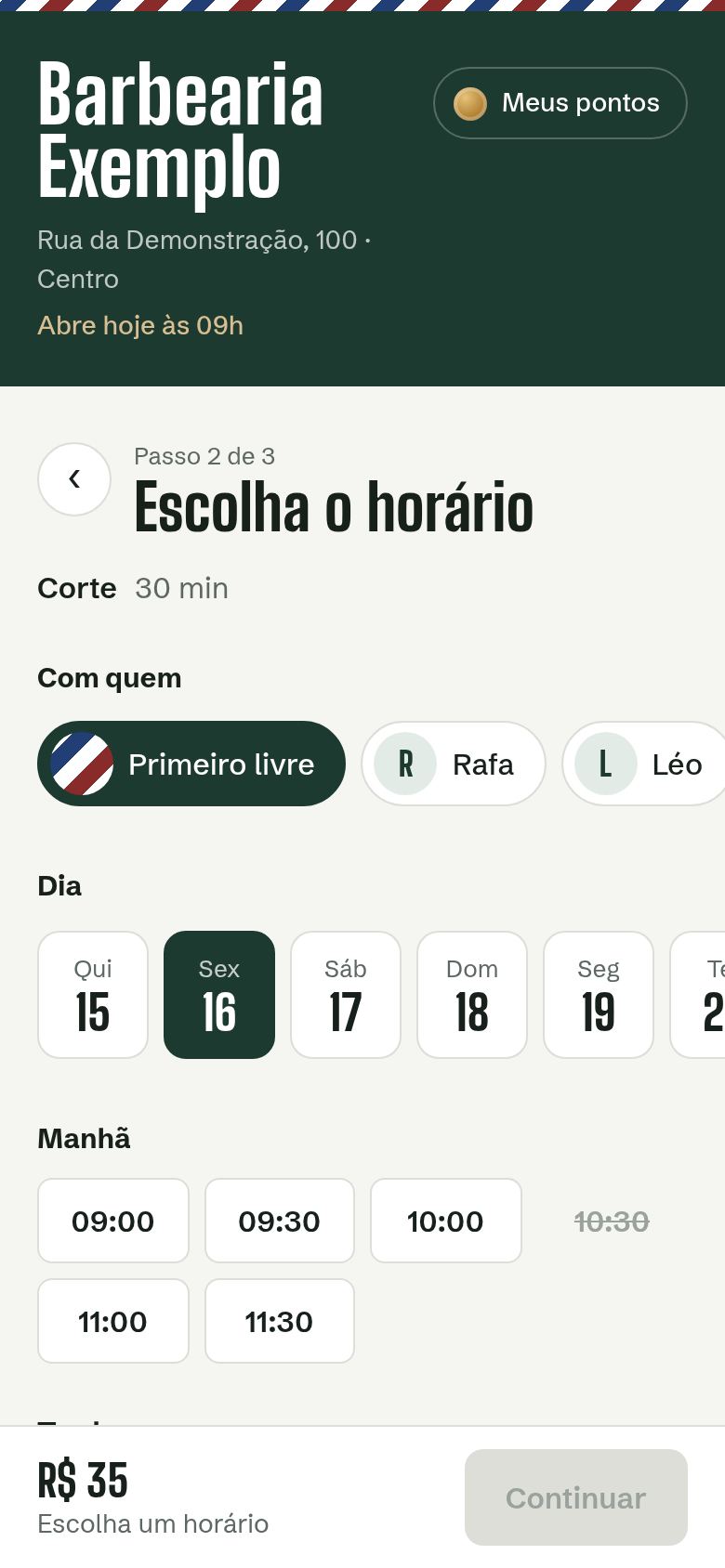 Tela do aplicativo de agendamento para barbeiro, com escolha do serviço, do barbeiro, do dia e do horário livre