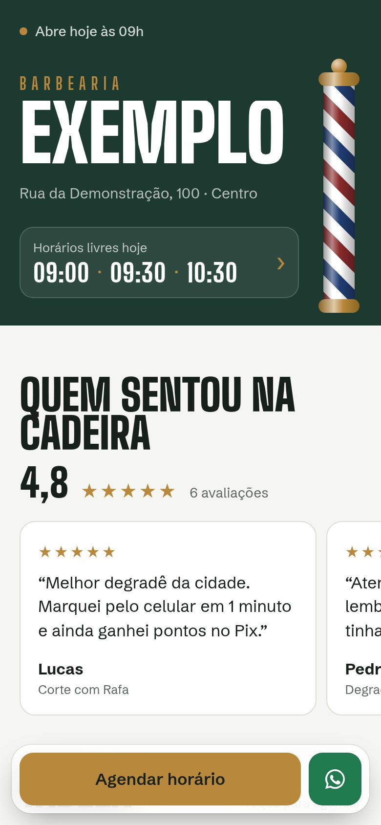 Página de agendamento online de uma barbearia no celular, com nome da barbearia, horários livres de hoje e avaliações dos clientes